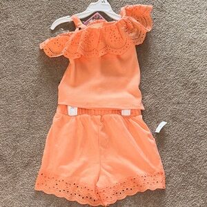 Kids Btween Peach Eyelet Ruffle One-Shoulder Top & Shorts Set